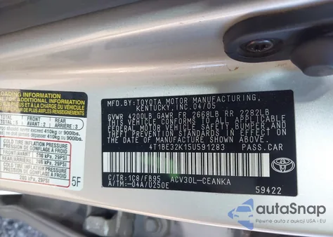 2005 Toyota Camry Le z USA, uszkodzony, nr VIN 4T1BE32K15U591283